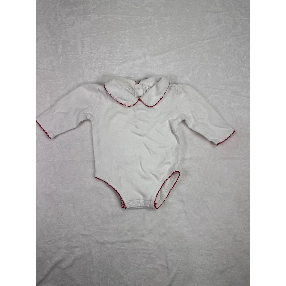 Miniwear Peter Pan Collar Bodysuit 3-6M White Red Picot Trim Long Sleeve Baby